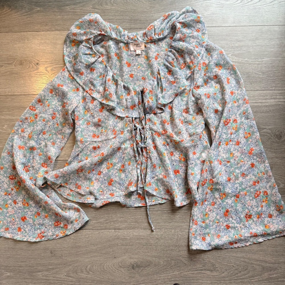 Dizzy Lizzy Floral Ruffle Lace Up Bell Sleeve Cottagecore Blouse Small